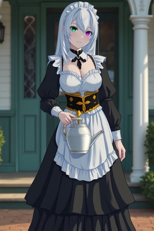 Full-body shot of Setunia, the sarcastic VTuber with white hair and heterochromia (green and purple eyes), standing in front of a colonial house. She wears an elaborate black long dress maid outfit fully covering her legs and white thick gloves, discreetly reflecting her playful and sardonic personality. She holds a kettle, her expression mischievous and amused. The cold lighting is soft and natural, highlighting her attire and the colonial house background.