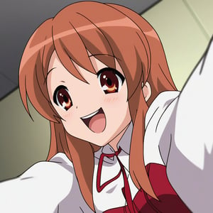 A high-resolution image of Mikuru Asahina in a white shirt with long sleeves, a red corset, and a red very long skirt, laughing and farting, with her hands in her rear. The scene is brightly lit, capturing the playful and humorous moment. The composition frames her in a dynamic pose, with her skirt slightly lifted. Best quality rendering with sharp focus on her joyful expression and detailed clothing.