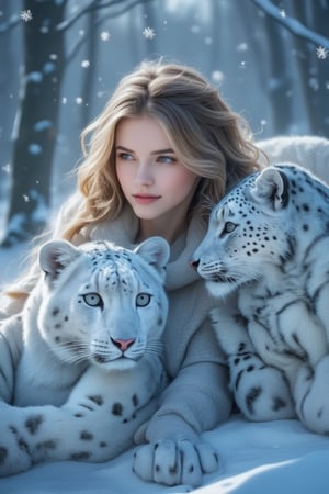 A beautiful and charming young European woman sits near a male white leopard against a snowy background with fluttering snowflakes. Professional shutter photography captures the subtle structure of the snowflakes. Extremely beautiful, magazine photography, neoclassicism.