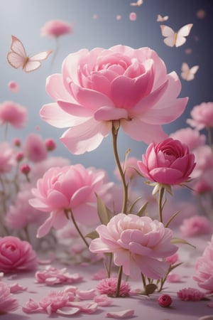 Photorealistic image of pink blooming roses in various sizes, with delicate petals gently falling from their stems. The background is intentionally blurred to focus attention on the rose's vibrant beauty. Petals scattered across the ground create a romantic atmosphere. In this serene setting, a few butterflies flit about, adding whimsy and wonder to the scene.