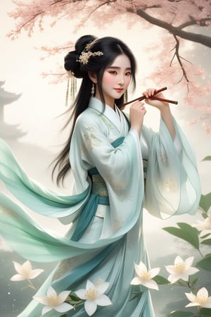 Close-up of a stunningly beautiful girl, Chinese Han Dynasty girl, with big eyes and long eyelashes that make her eyes more lively and beautiful, wearing Han Dynasty clothes and hairstyle, with stunning black hair and long Thick eyelashes, holding a delicate bouquet of jasmine flowers on her fingers. When she looked directly at the audience, she smiled. Her whole body exuded an otherworldly light, and every contour and object on her body seemed to be illuminated by light and sparkle. She couldn't help but dance a dance on the spot, which was very elegant and soft. After the dance, she took the paper umbrella and prepared to go back. In the quiet atmosphere of the summer night, the trees were tall, the rivers flowed quietly, and the nocturnal creatures sang and sang with their gentle calls. As croaks serenade them, our protagonist acts like a beacon of loveliness. In Vadimka's new style, every detail has been carefully crafted to create a realistic style that exudes elegance and wonder. (Masterpiece 2.0, 8K) Depth of field.,source_furry,score_5_up,score_6_up,score_7_up,score_8_up,score_9,han fu