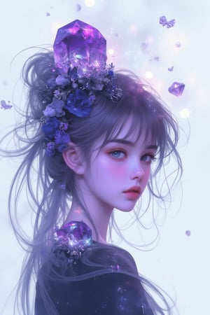 A mysterious realm unfolds, featuring a curious girl with thinning hair and delicate features, standing against a bright white background. In the distance, a dreamlike landscape reminiscent of Studio Ghibli's whimsy. Diamonds sparkle and amethysts glow vividly, illuminated by an ethereal light. The composition uses a subtle double exposure effect, creating a captivating atmosphere of depth and dimension. Rococo punk style.