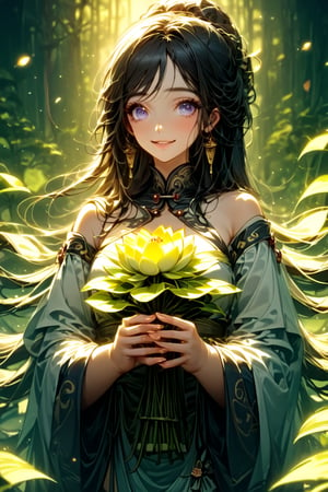 Close-up of a stunningly beautiful girl, Chinese Han Dynasty girl, with big eyes and long eyelashes that make her eyes more lively and beautiful, wearing Han Dynasty clothes and hairstyle, with stunning black hair and long She has thick eyelashes and holds a delicate bouquet of lotus flowers on her fingers. When she looked directly at the audience, she smiled. Her whole body exuded an otherworldly light, and every contour and object on her body seemed to be illuminated by light and sparkle. She couldn't help but dance an ancient dance taught by her grandmother at home. It was very elegant and soft. In the quiet atmosphere of summer night, the trees were tall, the river flowed quietly, and the nocturnal creatures sang to them with their gentle calls and croaks. Serenade, our protagonist is like a lovely beacon. In Vadimka's new style, every detail has been carefully crafted to create a realistic style that exudes elegance and wonder. (Masterpiece 1.2, 8K) Depth of field.
