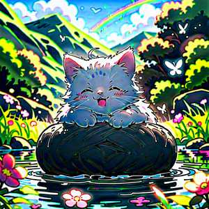 A vibrant anime-style illustration of a cute, young white kitten yawning widely, looking sleepy as it sits in a cozy nest prepared by its owner. The kitten is playful, chasing after rainbow bubbles, surrounded by pink love bubbles. The scene is set outdoors in a picturesque landscape with mountains, water, trees, a river, flowers, butterflies, and birds, under a bright blue sky with fluffy white clouds. The lighting is radiant, enhancing the three-dimensional feel and the glossy fur of the kitten. The image captures the dynamic movement and joyful atmosphere, rendered with realistic textures and vibrant colors, reminiscent of RTX ray-tracing technology.