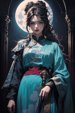 (super perfect quality masterpiece and detailed details), beautiful black plot, complex, extremely high clear resolution, complex lines, (exquisite drawing), 1girl photo of beautiful ancient Chinese girl wearing black clothes holding a sword Long wavy silver hair, hair shining in the moonlight, long sword, weapon, black mask, duet, underwear, big blue eyes, long and thick eyelashes, Han Dynasty general style clothing, print, medium breasts, looking straight The audience's eyes showed a fierce and intense emotion. The audience felt the atmosphere strongly. Ponytails, hair accessories, flowers, and blood splashed into several fox lines, perfect killing skills, the enemy fell, and the throat was sealed with a knife, super delicate and clear, perfect illustration,
BREAK Beautiful lighting, beautiful glow, Vadim Kass’ artistic style plus Jae Hyun Art. light and shadow.whole body.