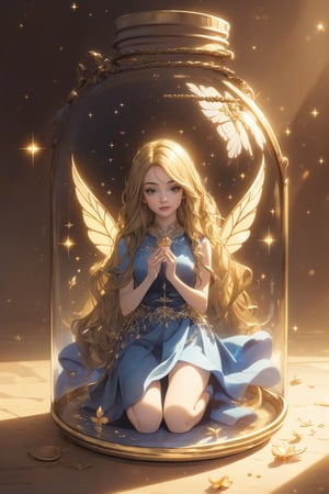 (Masterpiece, best quality, high resolution: 1.6), (big blue and bright beautiful eyes, long and dense eyelashes, long wavy golden silky hair, hair between the eyes, 1girl, perfectly proportioned body)
Black background, full body, kneeling, white dress, long skirt, inner bottle, glass, flowers, trapped, jar, fairy, wings, light and shadow, beautiful space visual design.