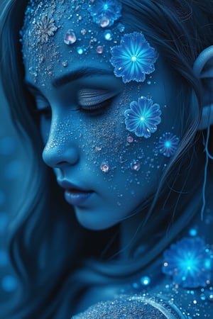 A mesmerizing close-up photograph captures a beautiful girl's shining hair adorned with a rare bioluminescent flower. The hyper-realistic, 16k resolution image showcases intricate details of the flower's sharp, bluebell-like petals attached to water droplets, reminiscent of sculptural artwork. Delicate oil and marker lines on cracked epoxy glass create a unique texture, while ultra-fine illumination enhances the drama. Perfect lighting accentuates the beauty, as if captured in an analog style print.