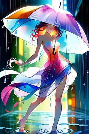 Watercolor style, delicate brushstrokes, a beauty with exquisite and perfect facial features wearing a white spaghetti-strap dress. She has a slender figure, holding a transparent umbrella, walking in the rain, the clothes are soaked by the rain, slightly translucent, making the body The curves are even more outstanding, with the beauty and helplessness of a wet woman. The light and shadow make the falling raindrops appear bright and colorful. The rain makes the woman's expression more smart, beautiful and vivid, and she smiles. More reasonable details, photography and watercolor fusion design.