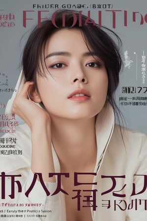 High-end fashion magazine cover, a beautiful Japanese female model's upper body close-up, enhanced chest size, confident and elegant pose. Prominent, angular yet graceful facial features, wearing modern, fashionable attire that accentuates her figure while maintaining a refined and elegant appearance. Neutral gray background, professional magazine-quality lighting, enhancing her realistic skin texture. Bold and stylish magazine text on the cover, including the title at the top in elegant font: **“FuturEvoLab Beauty”**. Other headlines include: - **“時尚前衛：優雅的未來”** - **“自信和風格的秘密”** - **“年度模特：擁抱魅力和力量”**. Overall composition combines high-end fashion photography with captivating headlines, framing the model's pose to draw attention to her beauty and presence. The cover embodies sophistication, confidence, and modern fashion, with FuturEvoLabBeautify aesthetics enhancing the visual impact.