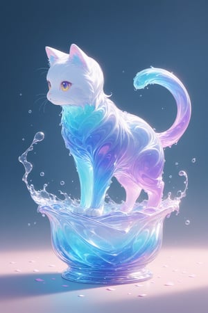 {Elegant crystal glass locomotive with beautiful curves filled with marbled iridescent liquid forming the shape of a cat. Cats have hair and texture. Smooth animal silhouettes with wave-like dynamic movement. Pastel petals float around the vase. }