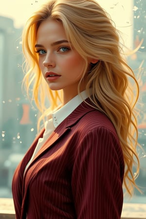 A realistic close-up shot of a stunning, elegant 28-year-old European woman wearing dark red pinstripe tailoring, with long bright golden blonde hair and bright blue-gray eyes. The gorgeous, sexy woman is captured for a fashion magazine in a double exposure, surrealistic style on cracked paper, influenced by Alex Stoddard, Natalia Drepina, and Brooke Shaden. The highly detailed, high-budget illustration features bokeh, wide cinema, moody, epic, and film grain, with 3-point cinematic glory lighting, soft focus flash, and a Canon EOS R3. The high-resolution, award-winning action photo showcases a jump photo, 50mm, wide-angle shot, away from the camera, full body, f2.8, and side view.