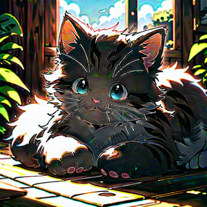 An anime-style illustration set under a sunny sky with blue clouds, capturing a warm, summery atmosphere. A cute Scottish Fold black and white kitten lies on its back, belly exposed, in front of a household fan, enjoying the breeze that ruffles its fur. The kitten's eyes are half-closed in blissful relaxation. The scene is filled with charming indoor decorations, illuminated by soft, pleasant lighting. The dynamic movement of the fan and the kitten's fur creates a lively, refreshing effect, making this a delightful and masterful composition.