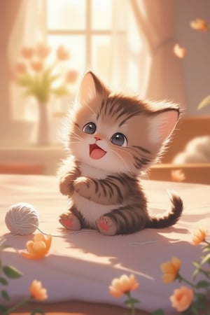 Realistic high quality, Pixar anime movie scene style bedroom, flowers blooming, a cute little fuzzy kitten playing with a yarn ball on a blanket, enjoying and radiating happiness. Flowers and lighting bokeh background, depth of field.