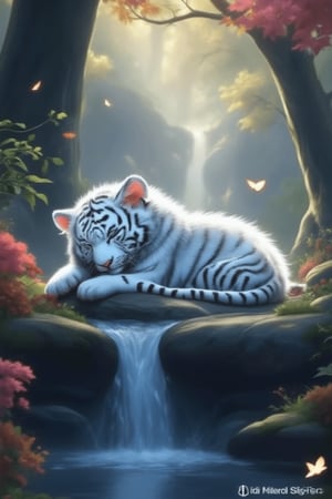 Ultra HD illustration of a fluffy white tiger cub sleeping in a magical forest, surrounded by beautiful trees and shrubs, by a riverside, with glowing butterflies. Masterpiece, best image, best quality, ultra wide-angle shot, 16K UHD.