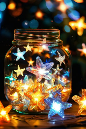 Simple background with a small glass jar. Filled with many three-dimensional stars, the stars are made of crystal material, a complete combination of LED and fluorescent, the fused glowing stars, extreme details, sharp focus on the texture of the crystal and the shape of the stars, detailmaximizer, reality, light painting, subversion Peak work.