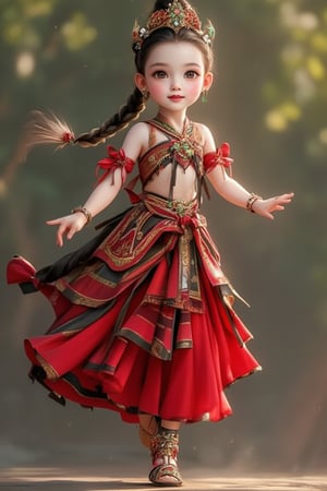 (Best Quality, 128K, High Resolution, Masterpiece: 1.2), Ultra Detailed, (Real: 1.37), Aboriginal girl, red and black harness, extremely white skin, long braided feathers, beautiful patterned shoes, accessories on arms, Beautiful detailed eyes, beautiful detailed lips, national costume, traditional pattern, graceful dancing traditional dance, graceful and charming pose, subtle smile, bright colors, bokeh lighting, portrait.