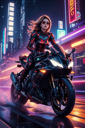 A high-resolution, 128K digital art masterpiece with RTX. A robot girl in a mecha, adorned with dark red and light brown armor, shining neon lines, and a delicate face. She has soft, shiny skin, long flowing hair, and sunglasses. Riding a black Kawasaki Ninja H2 Carbon at high speed, her focused expression captures the thrill of the ride. The city street background is filled with puddles, and air movement creates neon rainbow lines. Kristen Stewart lookalike, the scene is set in darkness, emphasizing the dynamic speed and energy of the motorcycle.