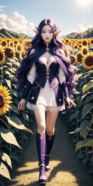 {{{Masterpiece, best quality, high resolution: 1.3}}}, super resolution image, (1girl), (solo), like a Korean supermodel, head to body ratio 1;8, as bright and delicate as black silk Long wavy pink shiny hair like human hair, elf, bright purple eyes, dark purple eyelashes, long and dense, {{{enhance face close-up}}} breeze, sunflower group, sunflower Field, petals, sparkling magic, (soft sunlight: 1.3), fantasy, natural accessories, happy in front of a group of sunflowers, doing {{Various poses made by beautiful Korean female supermodels}} full body Wearing various styles of elves, {{{light short skirts like flower fairies}}}, the sense of perspective, and the feet are also wearing {{{female elf overshoes made of canvas material with rainbow mixed colors}}} (perspective), showing the light and shadow.
