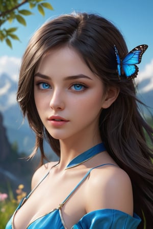 Masterpiece, best quality, (animation: 0.9), dark-haired girl, beautiful and lively blue eyes, beautiful clothes, legend portrait, 3D game art, League of Legends style character, perfectly drawn, detailed drawing, young and beautiful female model, Smooth soft skin, perfect face, smooth soft skin, (surreal, absurd: 1.2), (8k, RAW photo, best quality, masterpiece: 1.2), depth of field, (realistic, photorealistic: 1.5) (professional Lighting: 1.4), ((motion light: 1.4) (thrilling cinematic action: 1.5), bokeh, bioluminescence, glow, glowing white skin, looks beautiful in any outfit. The background is a beautiful and realistic mountain , trees, flowers, various butterflies, turf, strong contrast of light and shadow.