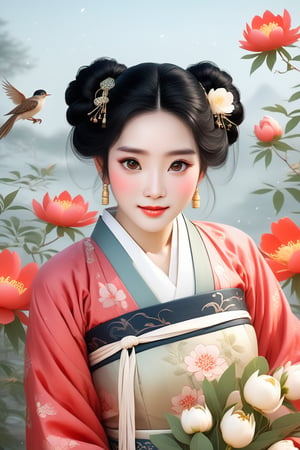 Close-up of a stunningly beautiful girl, Chinese Han Dynasty girl, with big eyes and long eyelashes that make her eyes more lively and beautiful, wearing Han Dynasty clothes and hairstyle, with stunning black hair and long She has thick eyelashes and holds a delicate bouquet of peonies on her fingers. When she looked directly at the audience, she smiled. Her whole body exuded an otherworldly light, and every contour and object on her body seemed to be illuminated by light and sparkle. In the peaceful atmosphere of a summer night, where trees stand tall, rivers flow quietly, and nocturnal creatures serenade them with their gentle chirps and croaks, our protagonist acts like a lovely beacon. In Vadimka's new style, every detail has been carefully crafted to create a realistic style that exudes elegance and wonder. (Masterpiece 1.2, 8K) Depth of field.,source_furry,score_5_up,score_6_up,score_7_up,score_8_up,score_9,han fu