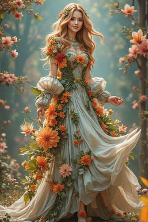 A beautiful and charming 19-year-old woman in Europe, with silky long wavy hair that changes color to match her clothes. She wears a floral dress made of autumn maple leaves, winter cherry blossoms, and spring four-leaf clovers, with new flowers appearing according to her different moods. The floral outfits are all made of flowers, leaves, and grass, with no fabric. Beautiful macro photography showcases super detailed and intricate details, perfectly interpreted in Rococo art. The girl smiles happily, displaying her full body as she dances wonderfully, with shoes also made of flowers and plants. Her mother, an elf, causes beautiful rainbow lights and fantasy backgrounds to appear around her whenever she smiles.