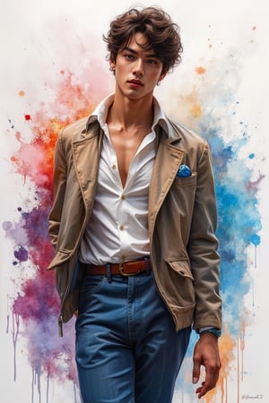 A beautiful European emo handsome guy, tall and sexy, with a well-proportioned figure, wears fashionable clothes exuding a casual yet elegant aristocratic feel. The artwork, created with watercolor and gouache splashes, showcases masterpiece quality and stunning imagery. 128K resolution captures colorful light wavelengths, mesmerizing reflections, and the beautiful gouache sketch in the center. The modern art style highlights beauty and sophistication.