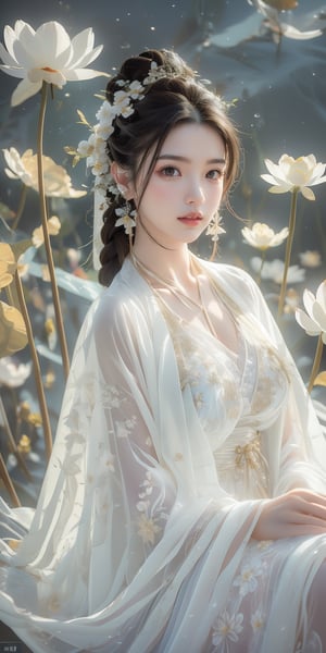 Masterpiece, best quality, 1girl, (colorful), (fine beautiful eyes and detailed face), white lace dress, purple eyes, long and thick eyelashes, bright eyes, looking at the audience, braided hairstyle, movie lighting, Half body shot, extremely detailed CG unified 8k wallpaper, white hair, solo, slightly curled lips, smile, intricate skirt, ((flying petals)), (flowery meadow) sky, cloudy sky, building, moonlight , moon, night, (dark theme: 1.3), light, fantasy, jisoo, 1 girl, asian, woman, z1l4, enhanc3d, korean, SSL, European girls, WaveMiu