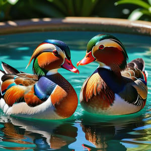 Close-up, cute mandarin ducks, beautiful feathers, shiny, mandarin ducks are in pairs, so the male and female pairs play together. In the pool, they will put their heads together. Sometimes it flaps its wings and splashes water. The male's feathers are brighter than the female's, and their love has been compared to a loving couple since ancient China. Modifiers: Alphonse Mucha, boris valejo dedecent illustration, Anne Boonchuy, art_booster, BlackworkStyleManityro, WOWAI, Expressiveh, Apoloniasxmasbox