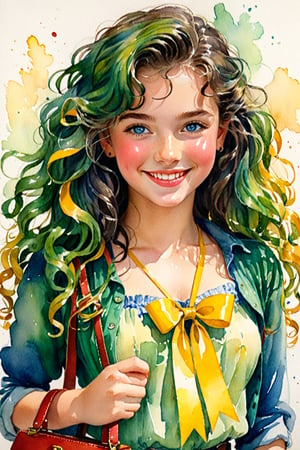 (Author Conrad Rosset), (1949s, 16-year-old girl, cute smile, blue eyes, long curly hair, green hair, yellow ribbon, wink), mixed color watercolor, painting, (deliberately beautiful), whole body, Small handbag.