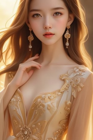 The picture features the face of a stunning Taiwanese woman with long, soft silk-like hair flowing, her brown hair flying, and sun-exposed parts lighter brown. Soft golden light casts a warm glow on her silky white smooth complexion, wearing a very sexy yet generous full-length dress that accentuates her curves. The exquisite clothes set off her face, even more beautiful than the most beautiful woman in the world, drawing attention to her flawless facial features. Her perfect figure and slender legs are subtly hinted at, striking a majestic pose like a bejeweled fantasy princess. Aestheticism, official art.