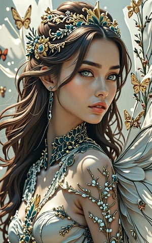 (best quality,8K,highres,masterpiece), ultra-detailed, (portrait of a stunning beauty woman, a beautiful cyborg with brown hair and sharp green eyes), an enchanting portrait capturing the beauty of a cyborg woman with striking brown hair and sharp green eyes. Her features are intricate and elegant, with every detail meticulously rendered to showcase her majestic presence. The portrait is captured through digital photography, allowing for the highest level of detail and realism. Adorning her cyborg form are delicate gold butterfly filigree accents, adding a touch of ethereal beauty to her appearance. Translucent fairy wings extend from her back, hinting at her otherworldly nature and grace. Surrounding her is a shattered glass motif, symbolizing both her fractured humanity and her resilience. This artwork captures the juxtaposition of beauty and technology, inviting the viewer to explore the depths of her character and identity. Feel free to add your own creative touches to enhance the realism and detail of this captivating portrait., Indian beauty