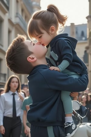 A handsome little boy lifts the beautiful and charming little girl he loves onto his shoulders. She has a ponytail and lowers her head to kiss the little boy looking up. Their intimate interactions are envied by onlookers. Both wear dark and light blue full-body tracksuits. Very nice photos, capturing their sweet moment with soft lighting and a centered composition.