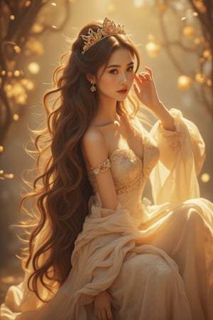 A stunning Taiwanese woman's face fills the picture, with long, soft silk-like brown hair flowing and lighter brown highlights in the sun. Soft golden light casts a warm glow on her silky white smooth complexion, as she wears a very sexy yet generous full-length dress that accentuates her curves. The exquisite clothes set off her face, making her more beautiful than the most beautiful woman in the world, drawing attention to her flawless facial features. Her perfect figure and slender legs are subtly hinted at, as she strikes a majestic pose like a bejeweled fantasy princess. This aestheticism, official art masterpiece captures her enchanting beauty and regal presence.