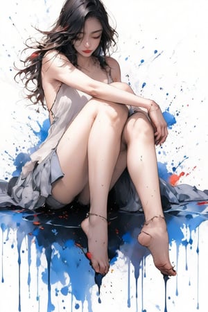 Very beautiful girl, elegant woman, ink drops, ((Color: 1.2)), white background, ((Masterpiece: 2)), medium shot, bare thighs and feet, looking at the viewer, ((Amazing Image: 1.5)), ink art style