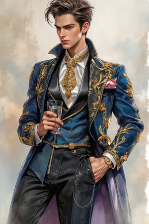 Emo handsome European guy with a tall, sexy, and well-proportioned figure, wearing fashionable clothes to attend a high-end cocktail party, exuding a luxurious and elegant aristocratic atmosphere, inspired by the most popular Paris and Italian fashions. Artwork meticulously and realistically depicted in watercolor and gouache, displaying lifelike quality and masterpiece status. 128K resolution captures colorful light wavelengths, mesmerizing reflections, and delicate gouache sketches of his entire body. Modern art style highlights beauty and sophistication.