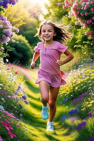 A joyful little girl, mid-run, her face radiant with happiness, surrounded by a vibrant field of blooming flowers. The sunlight filters through the petals, casting a warm glow on her animated expression and the lush, colorful landscape. The composition captures her in a dynamic pose, with the flowers framing her joyfully, emphasizing her carefree spirit amidst nature's beauty.