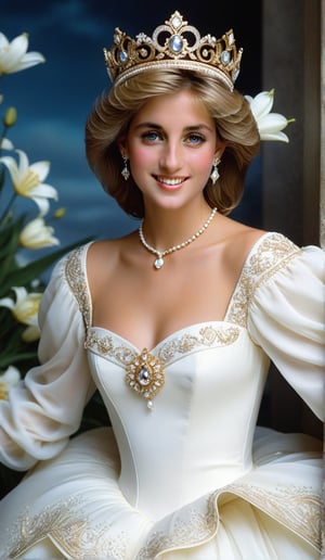 Close-up, the young girl has very beautiful big eyes and long thick eyelashes, she is the 20-year-old British Princess Diana, wearing a crown, full body shot, wearing a gorgeous princess dress, standing, she dances elegantly, She danced to the music, immersed in the charming music, and she smiled happily. There are also perfume lilies all over the sky, which is extremely beautiful. High quality. Modifiers: Alphonse Mucha, boris valejo dedecent illustration, Anne Boonchuy, art_booster, BlackworkStyleManityro, WOWAI, Expressiveh, Apoloniasxmasbox