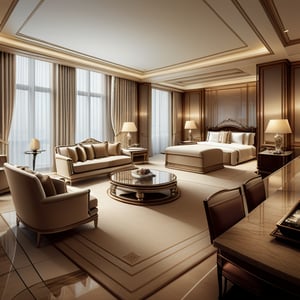 Interior masterpiece: A luxurious yet elegant Western-style presidential suite, fully equipped with every amenity. The room exudes opulence and sophistication, truly living up to its name as a presidential suite. Soft, warm lighting enhances the grandeur, highlighting the exquisite furnishings and intricate details. The composition showcases a spacious, well-appointed living area with plush seating, a grand dining table, and a lavish bedroom. The overall atmosphere is serene and inviting, with a perfect balance of modern luxury and classic elegance.,by leonardo da vinci,scifi,davincitech