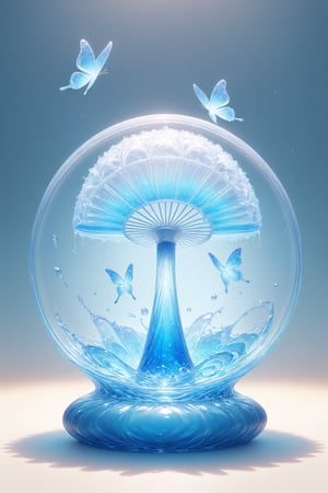 
{Elegant crystal clear crystal glass electric fan with graceful curves, filled with marbled light blue and white and blue liquid (transparent), forming the shape of a butterfly. Lion and texture. Smooth object contours and undulating dynamic motion. Pastel petals float around the vase. }