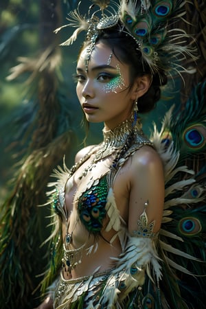 1 Asian girl, perfect and beautiful face, stunning peacock anthropomorphic woman, extremely beautiful skin, very coordinated with the decoration on her body, exquisite peacock style headdress, white feathers with peacock feather patterns, {{ {It is an extremely rare white peacock}}}
She wore a natural and sexy white peacock feathers covering her key parts.
An elegant, form-fitting dress that resembles a peacock's body with a long train of tail feathers.
Beautiful grass background, score_9, score_8_up, score_7_up, enhanced facial details, beautiful star-faced woman, looking at the audience, her charming eyes are hard to take away. Professional photography effects. The background is: bushland, grassland. The light and shadow are beautiful.
