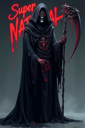 A scary grim reaper with an evil face and black length outfit, standing holding a large curvy scythe in hand, full body length. Words in red color read SuperNatural. Cartoon style image, 3D background, 4K resolution, assassinKahb style.