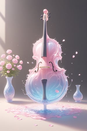 {Elegant crystal glass cello with beautiful curves filled with marbled pink and white liquid forming the shape of a fox. Foxes have fur and texture. Smooth animal silhouettes with wavy dynamic movement. Pastel petals float around the vase. }