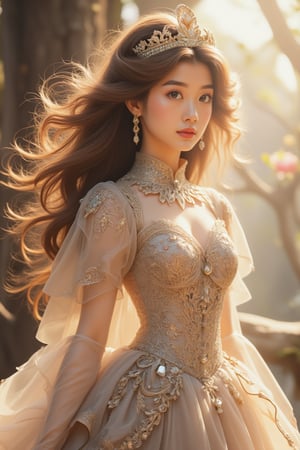 The picture is filled with the face of a stunning Taiwanese woman, her long hair as soft as silk and flowing, brown hair flying, with sun-exposed parts lighter brown. Soft golden light casts a warm glow on her silky white smooth complexion, wearing a very sexy yet generous full-length dress that accentuates her curves. The exquisite clothes set off her face, even more beautiful than the most beautiful woman in the world, drawing attention to her flawless facial features. Her perfect figure and slender legs are subtly hinted at, striking a majestic pose like a bejeweled fantasy princess. Aestheticism, official art.