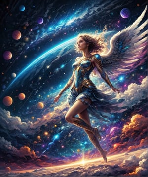 Another vibrant cosmic galaxy, dark color palette, high resolution and contrast and color contrast, complex textures and extremely subtle details, a beautiful female angel with full body glow floating in the universe, side light, super quality , exquisite works of art