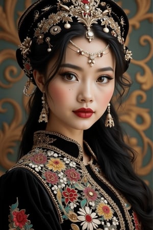 Elegant and stunningly beautiful Uyghur girls, mostly Chinese and Russian mixed-race, with three-dimensional facial features. They wear David Uygur headdresses, Uyghur makeup, and charming black velvet bases with intricate gold embroidery and pearl embellishments. Exquisite lace trim, Byzantine makeup, pale skin, dark lips, rainbow-colored embroidered dresses with ruffled puff sleeves. Charming background with Russian folk art patterns. Studio lighting, high-definition fashion photography style, inspired by FluxGothicRealnime, adrr-zllj, lyh, goth girls, and ohwx style.