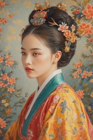 A beautiful European beauty, tall, sexy, and well-proportioned, wears ancient Korean-style clothes and has a hairstyle popular in the ancient Korean dynasty. She exudes a sense of fashionable aristocracy and customs, casual and elegant. The artwork is meticulously and realistically depicted in inks, pastels, and lacquers, displaying lifelike quality and masterpiece status. 128K resolution captures colorful light wavelengths, mesmerizing reflections, and the delicate oil pastel sketch at the center. Ancient art styles highlight beauty and sophistication.