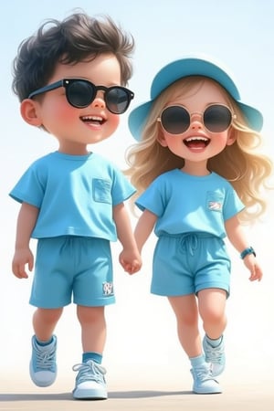 On a sunny day, a handsome black-haired little boy and a beautiful blond-haired little girl, both wearing sky blue matching T-shirt suits, hats, and sneakers. They wear sunglasses and laugh as they walk. Simple background, jewelry, watch, and obvious height difference. Soft natural light and medium shots capture their happy expressions and leisurely moments.