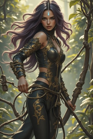 An animated masterpiece featuring a bio-mechanical huntress with beautiful and silky purple-black flowing hair and golden tips, adorned with a tribal mark on her upper right forehead: a little blue glowing lightning bolt. She wears full armor decorated with golden leaves and vines, seamlessly integrated with her skin, and enhanced visual sensors. Holding a high-tech bow, she moves agilely through the forest, like a cheetah's speed, full of strong impact and fusion. The tense and abstract background feels like an overgrown jungle intertwined with futuristic technology, capturing the essence of a dynamic and captivating scene.