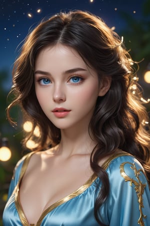 Masterpiece, best quality, (animation: 0.9), black-haired girl, beautiful and lively blue eyes, beautiful clothes, and beautiful golden silky long air-permed wavy hair, legendary portrait, 3D game art, hero League style character, perfectly drawn, detailed drawing, young beautiful female model, smooth soft skin, perfect face, smooth soft skin, (surreal, absurd: 1.2), (8k, RAW photo, best quality, masterpiece :1.2), Depth of Field, (Realism, Photorealism: 1.5) (Professional Lighting: 1.4), ((Motion Light: 1.4) (Thrilling Movie Action: 1.5), Bokeh, Bioluminescence, Glow, Brilliant White Beautiful with any outfit. Background midnight, fireflies, lights, stars, moon.