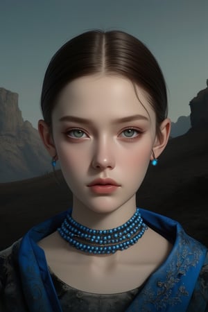 Portrait in digital art technology, depicting a bust of a woman looking directly at the viewer with hypnotic eyes. The author's meticulous depiction of every detail of the character's hairstyles and clothing, especially the sapphire blue beads adorning the model's slender neck, is worthy of admiration. This photograph captures the subtlety and sensitivity of the woman depicted, with carefully recreated West Slavic facial features, prominent cheekbones outlined by delicate lines, and green eyes giving an impression of unusual depth. The woman's face and neck contrast sharply against a strongly silhouetted background depicting a harsh, hilly landscape. 128K, masterpiece.